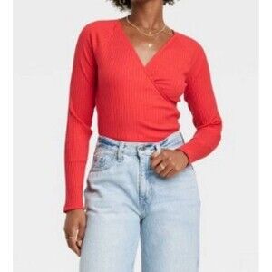 Red Ribbed Surplice Wrap Top Minimalist Fitted Long Sleeve Knit Casual V Neck